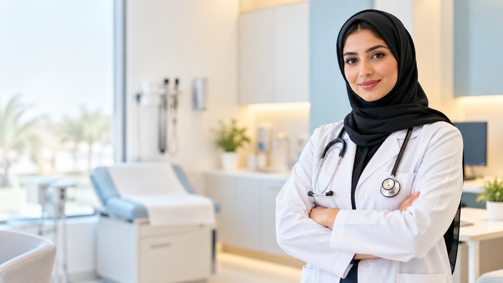 AI-generated illustration-free photograph of a doctor in a consultation room